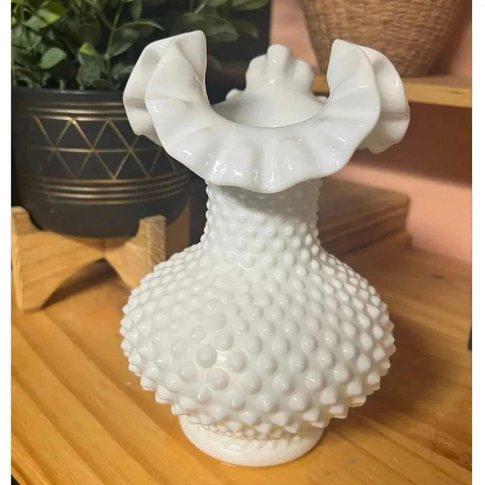 Vintage Trademarked  Fenton Hobnail 6” Double Crimped Top Vase